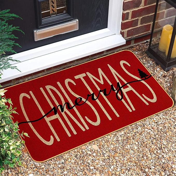 KORVITA Christmas Door Mat Merry Christmas Floor Mat Porch Decoration Mat Christmas Decoration Winter Anti-Slip Outdoor Indoor Low Profile Flax Floor Mat 17 x 29 Inch