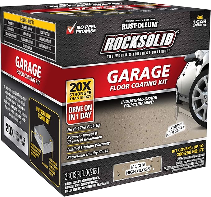 Rust-Oleum 60009 RockSolid Polycuramine Garage Floor Coating, 1 Car Kit, High Gloss Mocha