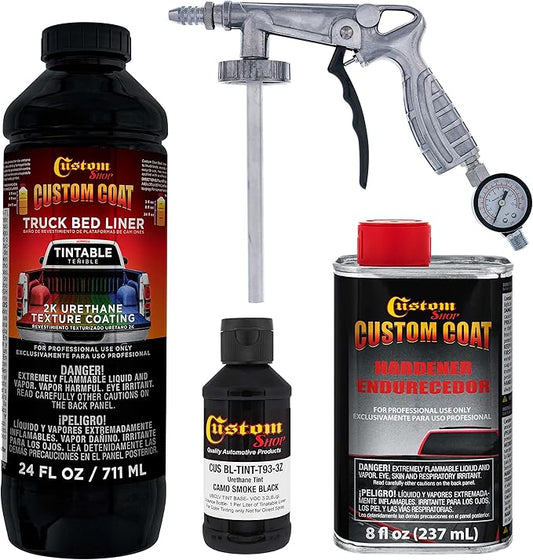 Custom Coat Federal Standard Color # 37031 Camo Smoke Black T93 Urethane Spray-On Truck Bed Liner, 1 Quart Kit with Spray Gun and Regulator - Durable Textured Protective Coating - Easy Mix Car Auto
