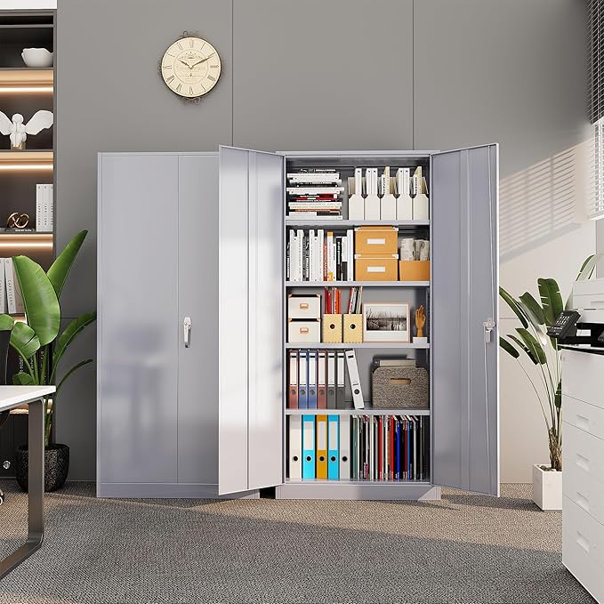 Bonusall 72" Metal Garage Storage Cabinet， Heavy-Duty Steel Cabinet with 2 Locking Doors & 5 Adjustable Shelves for Home