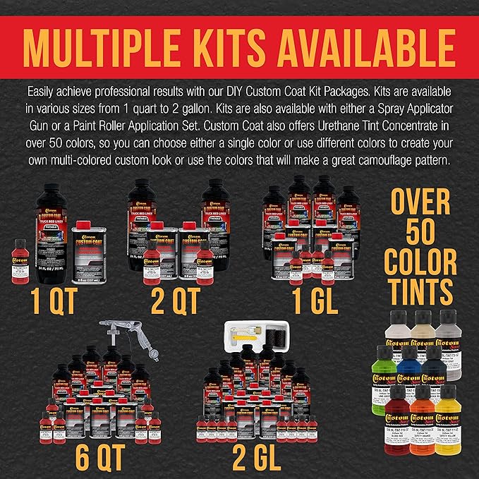 Custom Coat Hot Rod Red 1 Gallon Urethane Roll-On, Brush-On or Spray-On Truck Bed Liner Kit with Roller and Brush Applicator Kit - Easy Mixing, Shake, Shoot Textured Car Auto Protective Coating