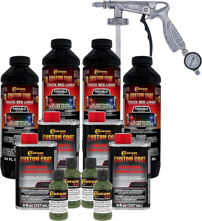 Custom Coat Federal Standard Color # 34128 Woodland Green T72 Urethane Spray-On Truck Bed Liner, 1 Gallon Kit with Spray Gun and Regulator - Durable Textured Protective Coating - Easy Mix Car Auto