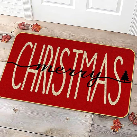 KORVITA Christmas Door Mat Merry Christmas Floor Mat Porch Decoration Mat Christmas Decoration Winter Anti-Slip Outdoor Indoor Low Profile Flax Floor Mat 17 x 29 Inch