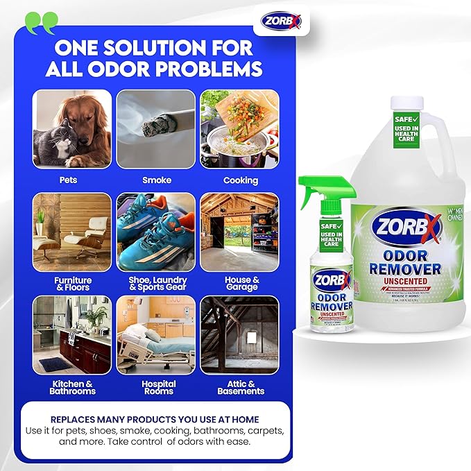 ZORBX Unscented Odor Eliminator for Strong Odor 16 Oz + 128 Oz - Used in Hospitals & Healthcare Facilities - Advanced Trusted Formula, Fast-Acting Odor Remover Spray for Dog, Cat, House & Carpet