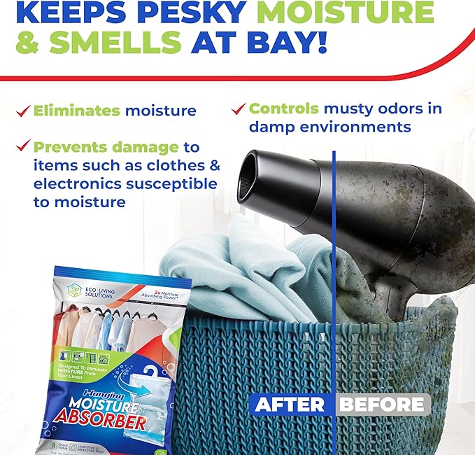 Eco Living Solutions Moisture Absorber Packets, Fragrance Free, Humidity Absorber, Hanging Closet Dehumidifier Bags, Eliminates Odors for Fresher Air, Ideal for Closet