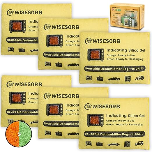 Wisesorb 6 Pack 500G Reusable Silica Gel Desiccant Dehumidifier Bags, Color Indicating Moisture Absorbers for Car, Closet, Basement & Garage, Microwave Rechargeable Reusable Drying Bags