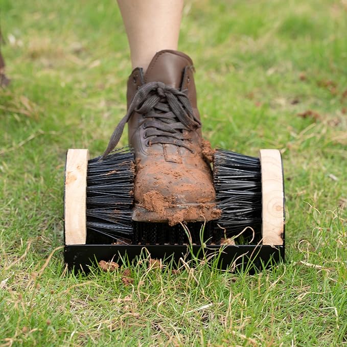 Heavy-Duty Metal and Wooden Base Shoe Cleaner and Boot Scraper, Portable or Floor-Mounted Scrubbing Brush for Indoor and Outdoor Use, All Weather Boot Cleaner - Removes Mud, Snow and Sand, Wooden