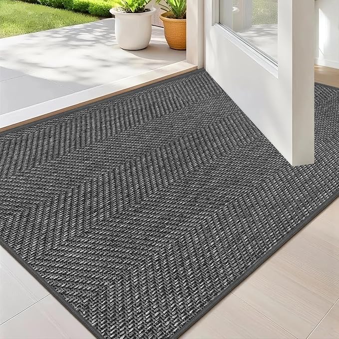 Ultra Thin Indoor Door Mat 17"x29", Washable Door Mat Indoor Entrance, Non Slip Rubber Backing Doormat Low-Profile Inside Entryway Mat, Unique Herringbone Design Entry Mat, Dark Grey (FOLD)