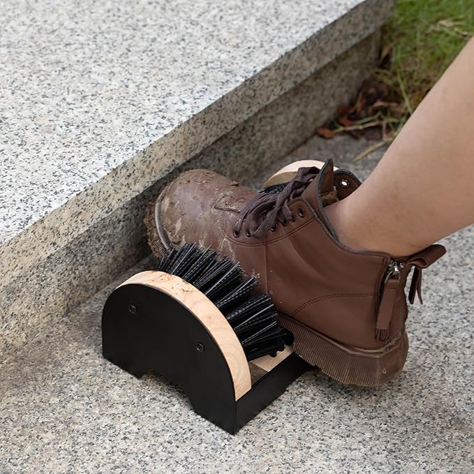 Heavy-Duty Metal and Wooden Base Shoe Cleaner and Boot Scraper, Portable or Floor-Mounted Scrubbing Brush for Indoor and Outdoor Use, All Weather Boot Cleaner - Removes Mud, Snow and Sand, Wooden