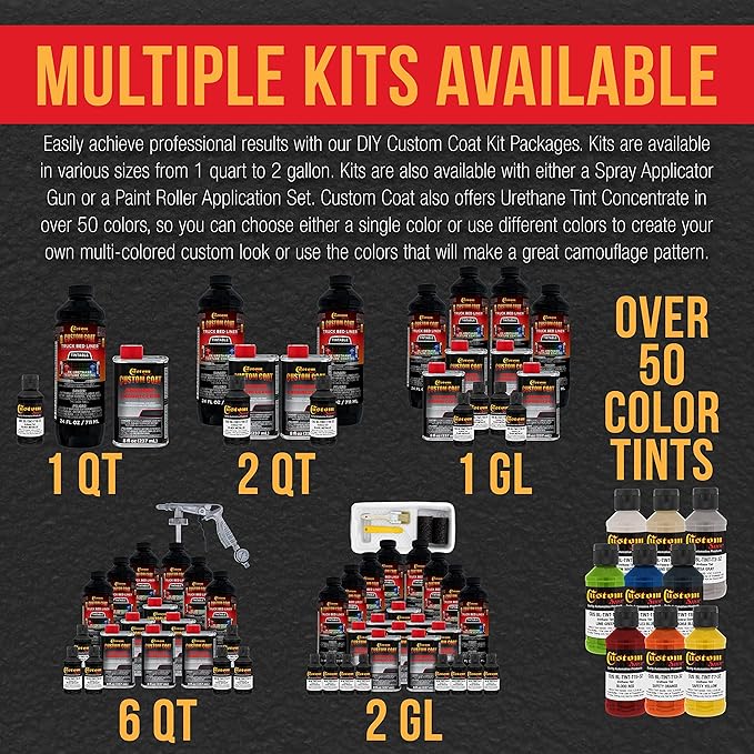 Custom Coat Black Metallic 2 Gallon Urethane Roll-On, Brush-On or Spray-On Truck Bed Liner Kit with Roller and Brush Applicator Kit - Easy Mixing - Durable Textured Car Auto Protective Coating