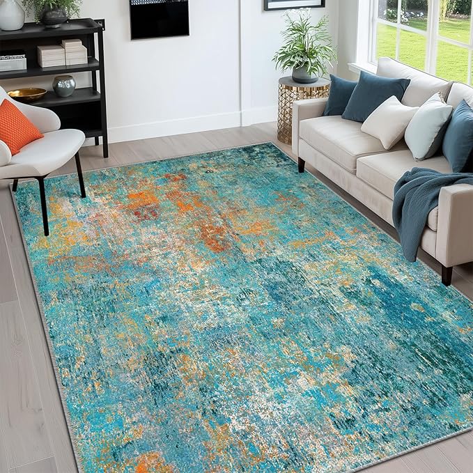 RELEANY Washable Area Rugs 5'x7' Non-Slip Modern Abstract Soft for Living Room Entryway Bedroom Nursery, Print Pattern, Teal Blue Green Orange Rust Red Coloreful