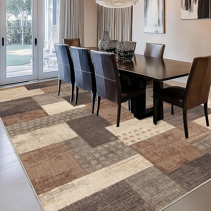 Modern Geometric Patchwork Indoor Area Rug for Living Room, Beige 8'x 10' Large Rug Rockwood Collection Hardwood Floors Decor for Bedroom, Beige Throw Carpet for Office Entryway Dining Room