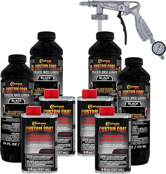 Custom Coat Black 1 Gallon Urethane Spray-On Truck Bed Liner Kit with Spray Gun and Regulator - Easy 3 to 1 Mix Ratio, Just Mix, Shake and Shoot It - Professional Durable Textured Protective Coating