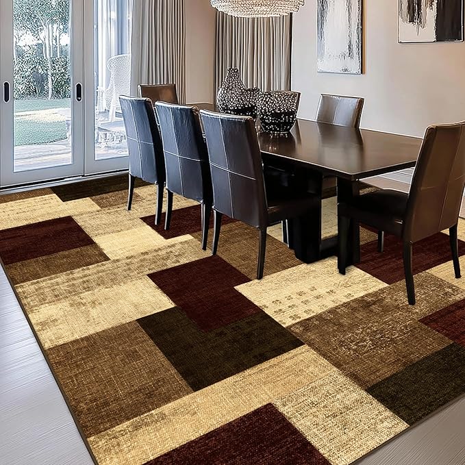 Modern Geometric Patchwork Indoor Area Rug for Living Room, Red 8x10 Large Rug Rockwood Collection Hardwood Floors Decor for Bedroom, Burgundy Throw Carpet for Office Entryway Dining Room