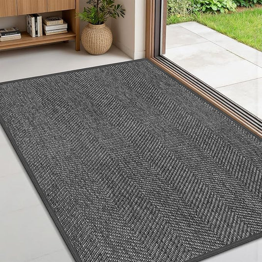Ultra Thin Indoor Door Mat 24"x36", Washable Door Mat Indoor Entrance, Non Slip Rubber Backing Doormat Low-Profile Inside Entryway Mat, Unique Herringbone Design Entry Mat, Dark Grey (FOLD)