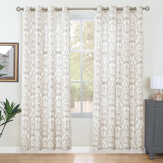 LAMIT Linen Curtains 78 inch Length for Living Room, Linen Printed Curtains Grommet Light Filtering Vintage Damask Flower Pattern Window Drapes for Bedroom, 2 Panels Each 52 x 78 Inch, Taupe