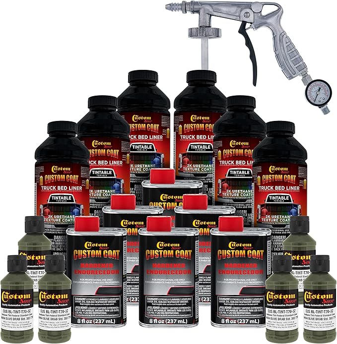 Custom Coat Federal Standard Color # 34094 Olive Drab T70 Urethane Spray-On Truck Bed Liner, 1.5 Gallon Kit with Spray Gun and Regulator - Durable Textured Protective Coating - Car Auto