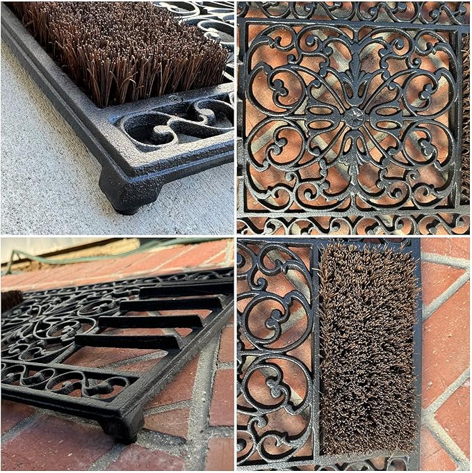 Vintage Cast Iron Door Mat with Rust Brown Shoe Brush - Decorative Floral Pattern Entryway Rug for Outdoor Shoe Cleaning HC5447