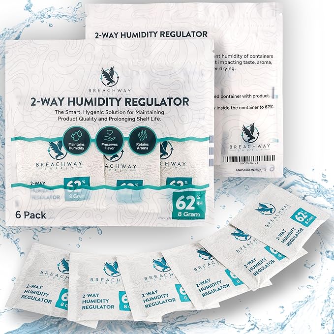62% RH Size 8 | 6 Pack Two-Way Humidity Control Packs | For Storing 1 oz | Moisture Absorber for Small Storage Containers | Humidifier Packs | Hydration Packets w/Resealable Bag