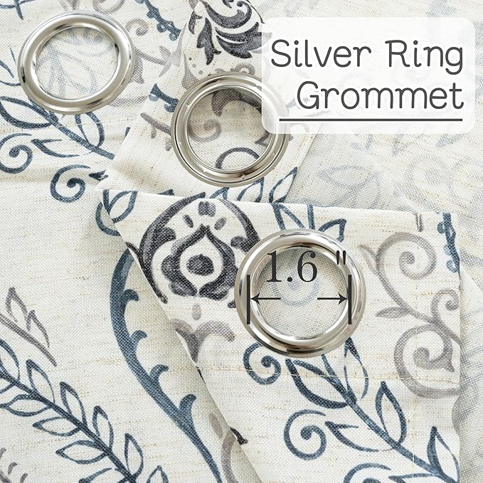 LAMIT Linen Curtains 40 inch Length for Small Windows, Light Filtering Semi Sheer Linen Curtains Grommet Vintage Damask Flower Pattern Drapes for Kitchen/Cafe, 2 Panels, 34 x 40 Inch, Greyish Blue