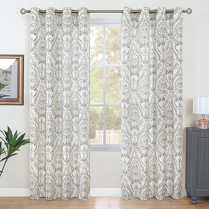 LAMIT Linen Curtains for Living Room 84 Inch Length 2 Panels Set, Vintage Damask Printed Linen Curtains Grommet Light Filtering Window Drapes for Bedroom/Farmhouse, Grey, Each 52 x 84 Inch