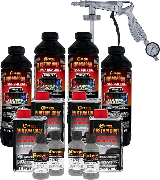 Custom Coat Dove Gray 1 Gallon Urethane Spray-On Truck Bed Liner Kit with Spray Gun and Regulator - Easy Mixing, Shake, Shoot It - Durable Textured Protective Coating, Prevent Rust - Car, Auto