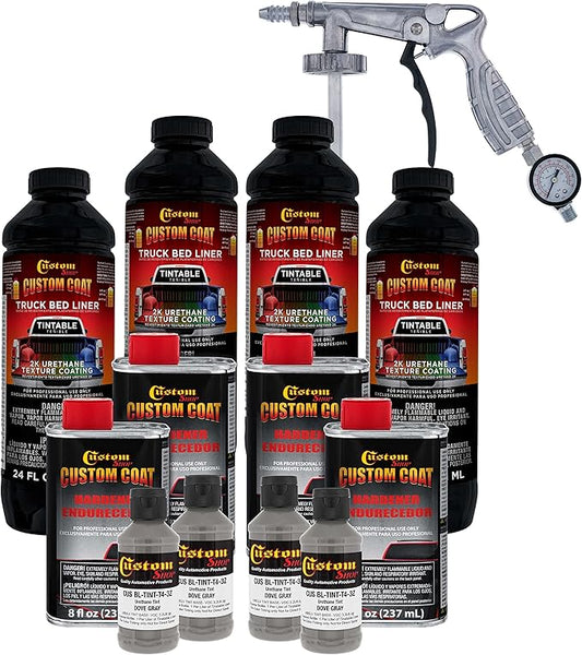 Custom Coat Dove Gray 1 Gallon Urethane Spray-On Truck Bed Liner Kit with Spray Gun and Regulator - Easy Mixing, Shake, Shoot It - Durable Textured Protective Coating, Prevent Rust - Car, Auto