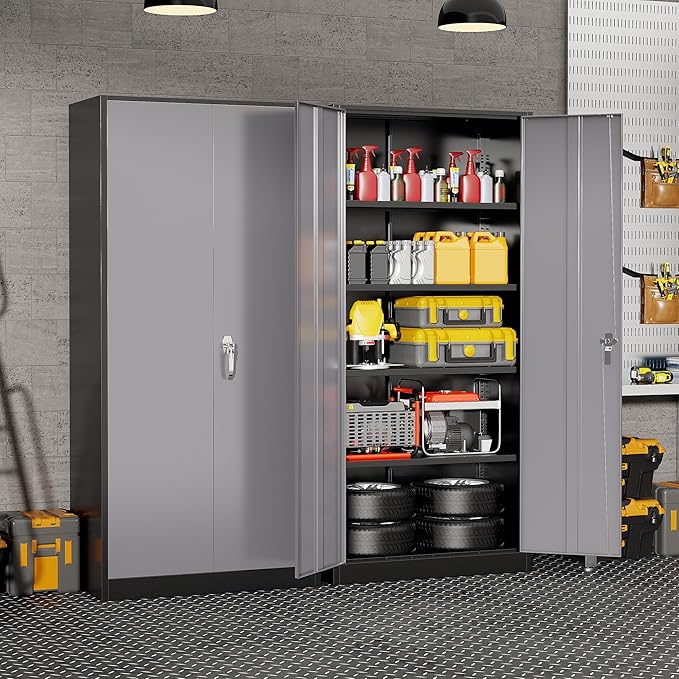 Bonusall 72" Metal Garage Storage Cabinet， Heavy-Duty Steel Cabinet with 2 Locking Doors & 4 Adjustable Shelves for Home, Office