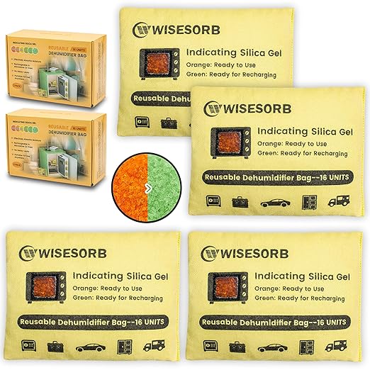 Wisesorb 4 Pack 500G Reusable Silica Gel Desiccant Dehumidifier Bags, Color Indicating Moisture Absorbers for Car, Closet, Basement & Garage, Microwave Rechargeable Reusable Drying Bags