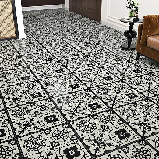 Wallercity Black Boho Peel and Stick Floor Tiles Waterproof 6PCS Vintage Floral Vinyl Flooring Tiles for Bedroom Vinyl Self Adhesive Non-Slip Stick on Tile for Bathroom Kitchen Shower Tile 12x12 Inch