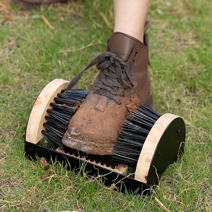 Heavy-Duty Metal and Wooden Base Shoe Cleaner and Boot Scraper, Portable or Floor-Mounted Scrubbing Brush for Indoor and Outdoor Use, All Weather Boot Cleaner - Removes Mud, Snow and Sand, Wooden
