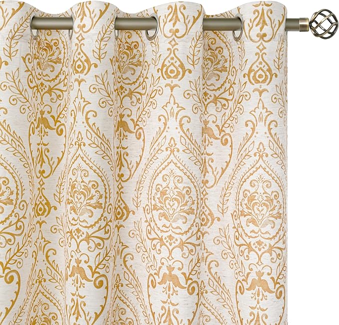 LAMIT Linen Curtains 84 Inches for Living Room, Grommet Light Filtering Country Farmhouse Curtains Flower Vintage Damask Pattern Window Drapes for Bedroom, 2 Panels Each 52 x 84 Inch, Gold
