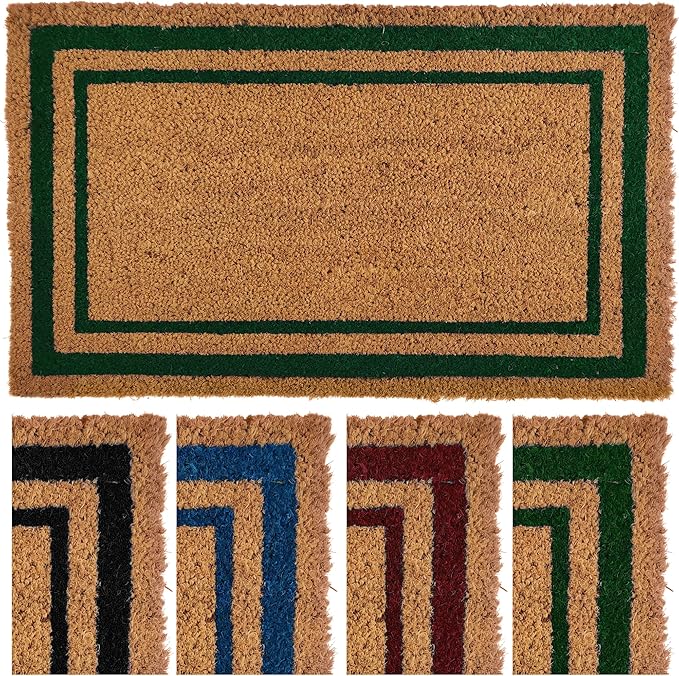 Ecomills Green Border Coco Coir Doormat, 24" x 48" - Natural Coconut Fiber Welcome Mat for Front Door - Non-Slip, Heavy Duty Outdoor Indoor Entryway - Scrapes Shoes Clean