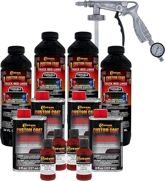Custom Coat Blood Red 1 Gallon Urethane Spray-On Truck Bed Liner Kit with Spray Gun and Regulator - Easy Mixing, Shake, Shoot It - Durable Textured Protective Coating, Prevent Rust - Car, Auto