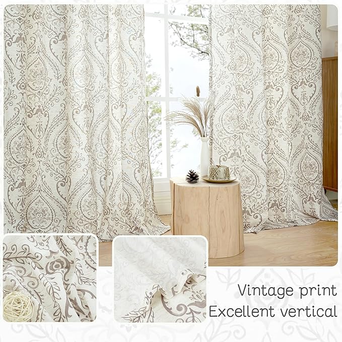 LAMIT Linen Curtains 40 inch Length for Small Windows, Light Filtering Semi Sheer Linen Curtains Grommet Vintage Damask Flower Pattern Drapes for Half Windows/Cafe, 2 Panels, 34 x 40 Inch, Taupe