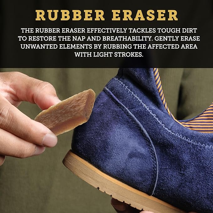 Care & Cool Suede and Nubuck Cleaning Large Hog Hair Brush (Size 7.17"x2.17") and Rubber Eraser - Gentle Cleaning, Nap Restoration - Ideal for Suede, Nubuck, Leather, Canvas, Knit