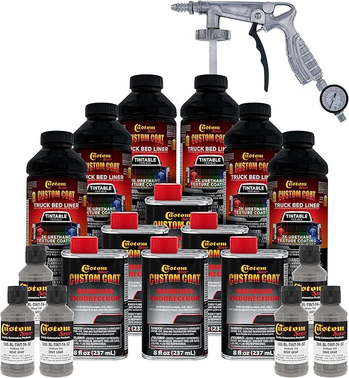 Custom Coat Dove Gray 1.5 Gallon (6 Quart) Urethane Spray-On Truck Bed Liner Kit with Spray Gun and Regulator - Easy Mixing, Shake, Shoot - Textured Protective Coating, Prevent Rust - Car, Auto