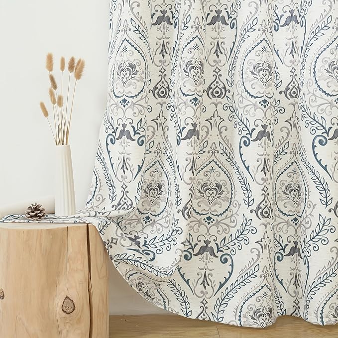 LAMIT 54 inch Length Linen Curtains for Living Room, Light Filtering Semi Sheer Linen Curtains Grommet Vintage Damask Flower Pattern Window Drapes for Bedroom, 2 Panels Each 52 x 54 Inch, Greyish Blue