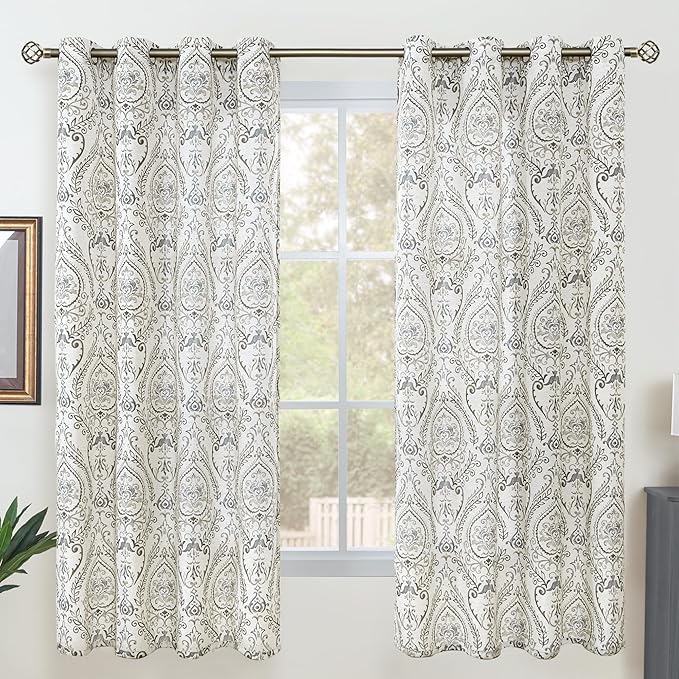 LAMIT Grey Linen Curtains for Bedroom 63 inch Length, Light Filtering Printed Linen Curtains Grommet Vintage Damask Floral Pattern Window Drapes for Living Room, 2 Panels Each 52 x 63 Inch