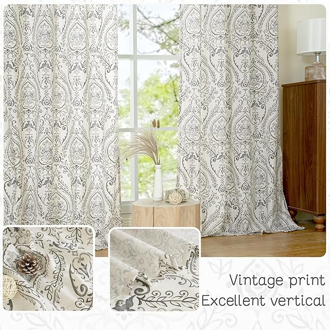 LAMIT Grey Linen Curtains for Bedroom 63 inch Length, Light Filtering Printed Linen Curtains Grommet Vintage Damask Floral Pattern Window Drapes for Living Room, 2 Panels Each 52 x 63 Inch