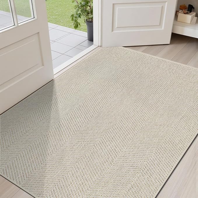 Ultra Thin Indoor Door Mat 36"x59", Washable Door Mat Indoor Entrance, Non Slip Rubber Backing Doormat Low-Profile Inside Entryway Mat, Unique Herringbone Design Entry Mat, Khaki (FOLD)