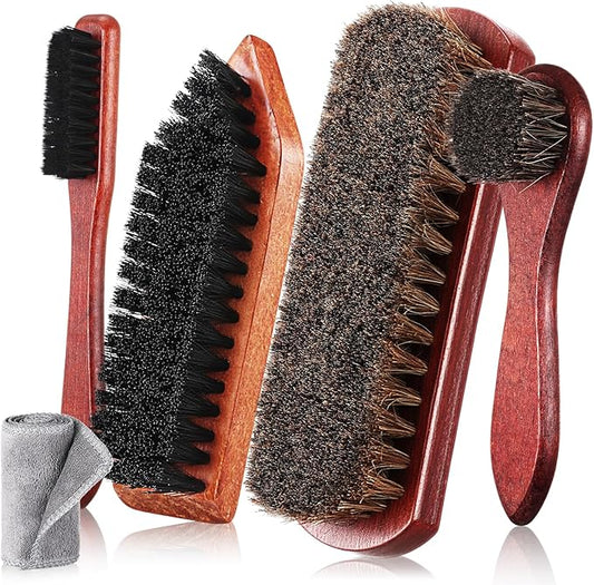Vesici 5 Pcs Horsehair Shoe Polish Brush Kit Horse Hair Brush for Leather Boot Brushes Microfiber Cloth Leather Shine Polish Shoe Care Scrubber Clean Dauber Applicators