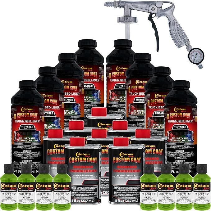 Custom Coat Lime Green 2 Gallon (8 Quart) Urethane Spray-On Truck Bed Liner Kit with Spray Gun and Regulator - Easy Mixing, Shake, Shoot - Textured Protective Coating, Prevent Rust - Car, Auto