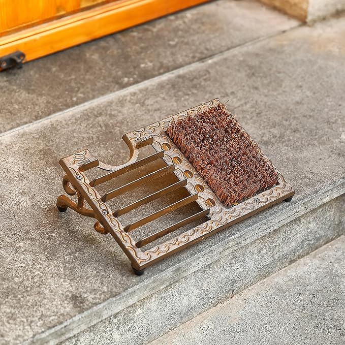Cast Iron Boot Brush Scraper Outdoor, Heavy Duty Boot Scrubber Brush with Angled Design, Outdoor Shoe Scrapers with Brushes, All Weather Boot Scraper for Home Porch Entryway Garden (Brown)