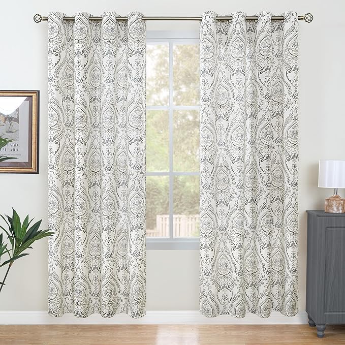 LAMIT Linen Curtains for Living Room 80 inches Long, Medallion Drapes for Bedroom, Printed Linen Curtains Grommet Light Filtering Vintage Damask Pattern Curtain Panels, 2 Panels, 52 x 80 Inch, Grey