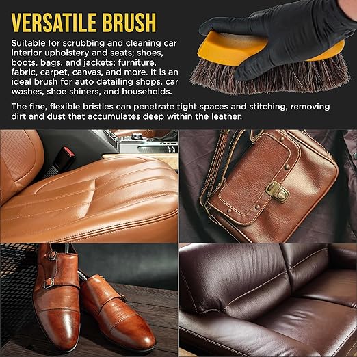 Dura-Gold Long Bristle Horse Hair Leather Cleaning Brush - Scrub Clean Car Interior Upholstery, Seats, Furniture, Fabric, Carpet, Shoes Boots Sneakers - Auto Detailing, Scrubbing Removing Stains, Dirt