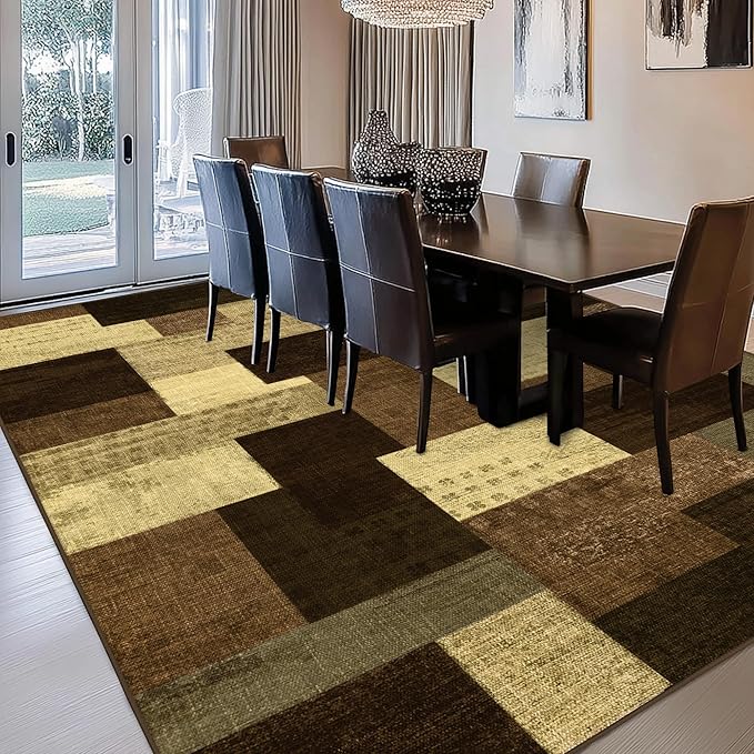 Modern Geometric Patchwork Indoor Area Rug for Living Room, Warm Taupe 6x9 Large Rug Rockwood Collection Hardwood Floors Decor for Bedroom, Taupe Throw Carpet for Office Entryway Dining Room