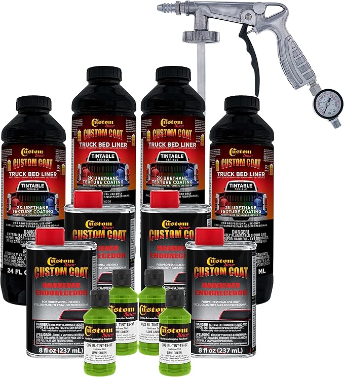 Custom Coat Lime Green 1 Gallon Urethane Spray-On Truck Bed Liner Kit with Spray Gun and Regulator - Easy Mixing, Shake, Shoot It - Durable Textured Protective Coating, Prevent Rust - Car, Auto