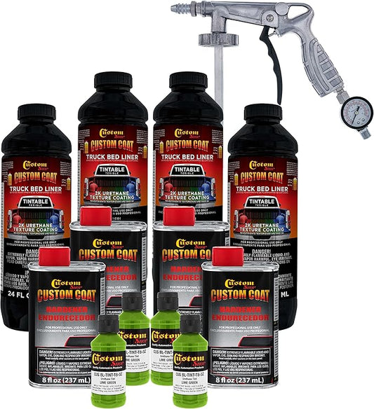 Custom Coat Lime Green 1 Gallon Urethane Spray-On Truck Bed Liner Kit with Spray Gun and Regulator - Easy Mixing, Shake, Shoot It - Durable Textured Protective Coating, Prevent Rust - Car, Auto