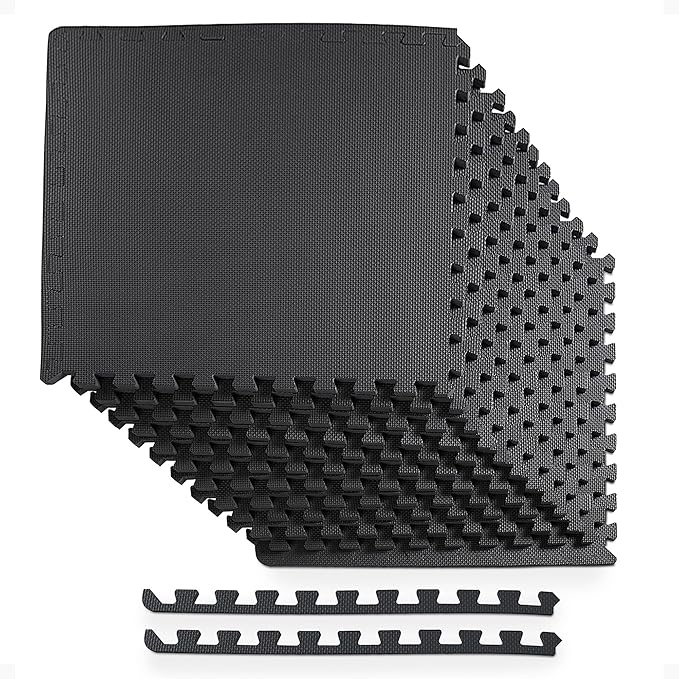 BalanceFrom Puzzle Exercise Mat 1/2' Thick, EVA Interlocking Foam Floor Tiles for Home Gym, Mat for Home Workout Equipment, Floor Padding for Kids, Black, 24 in x 24 in x 1/2 in, 48 Sq Ft - 12 Tiles
